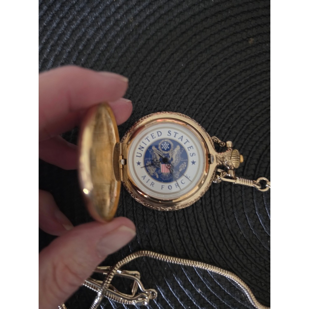 United States Air Force Pocket Watch Gold Tone Engraved Hunter Case with Chain